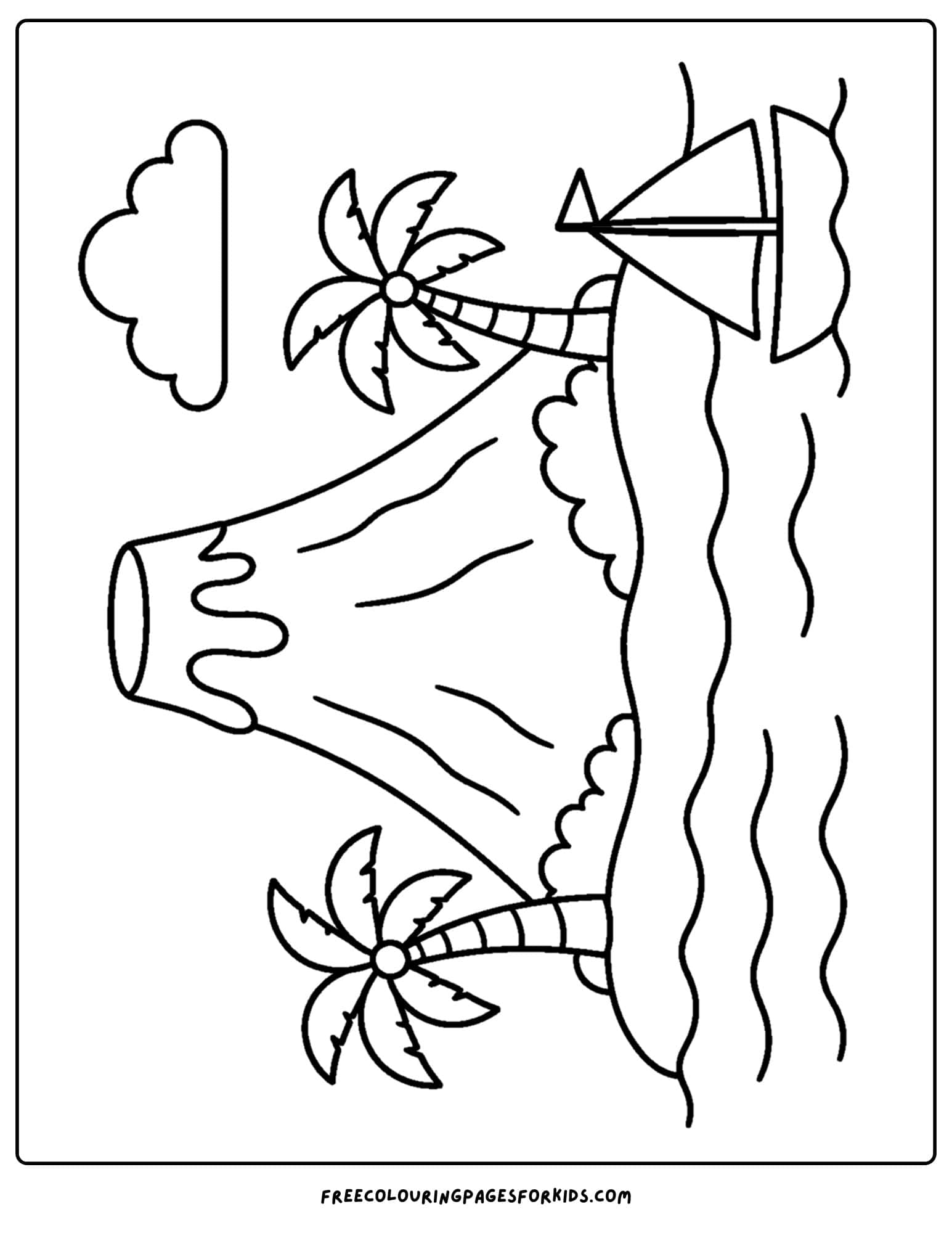a coloring page of a volcano on a tropical island