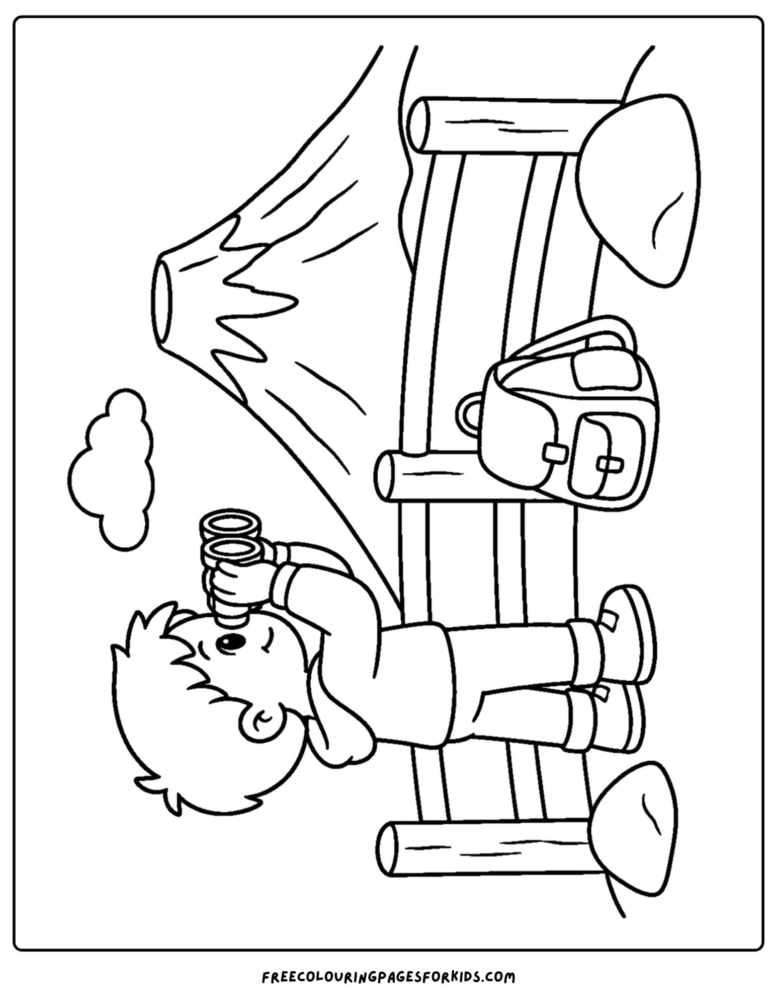 a coloring page of a boy looking at a volcano with binoculars