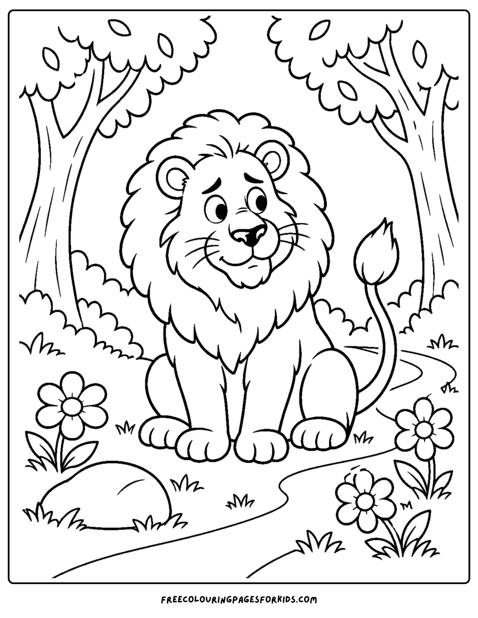 a wizard of oz coloring page depicting the cowardly lion in the forest