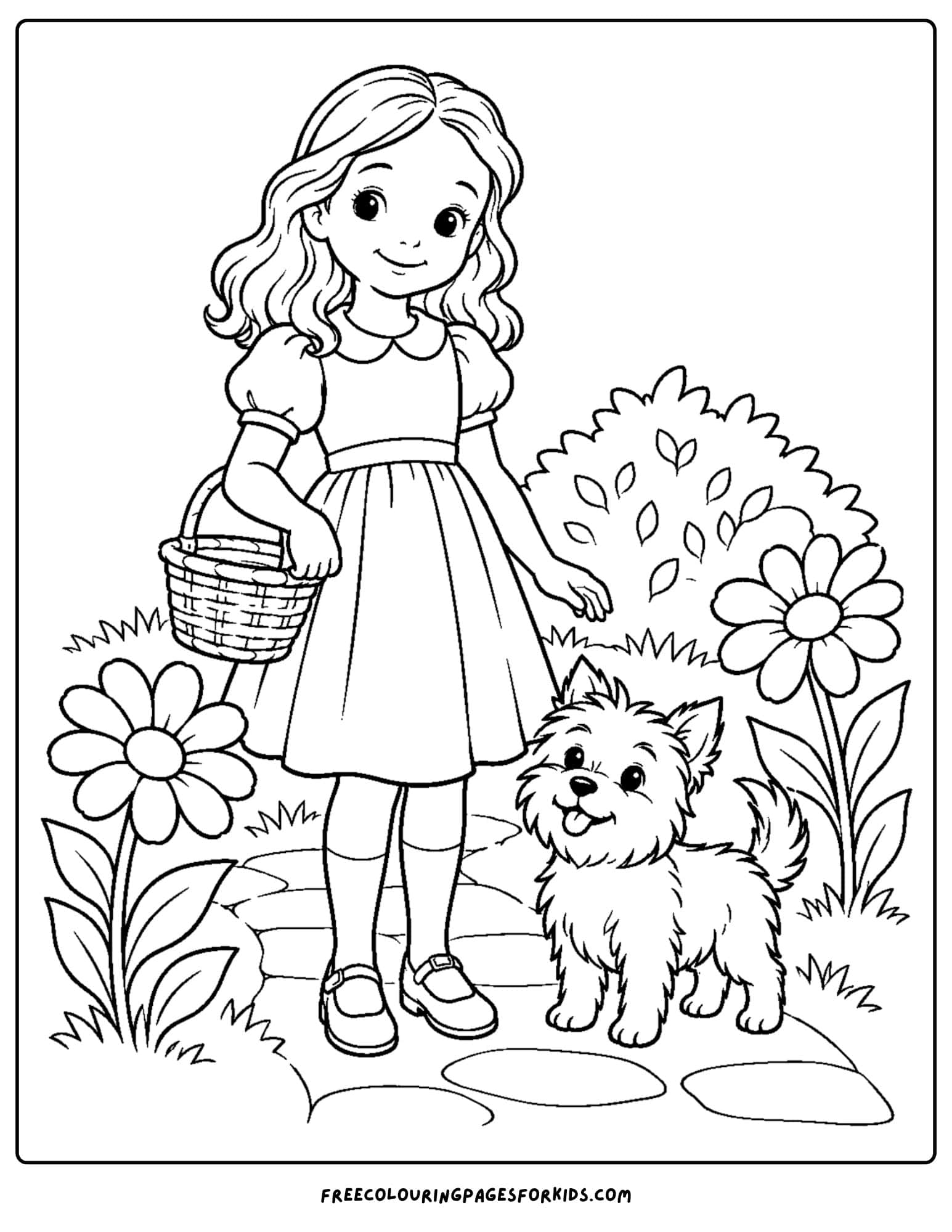 a wizard of oz coloring page depicting dorothy and toto on a path