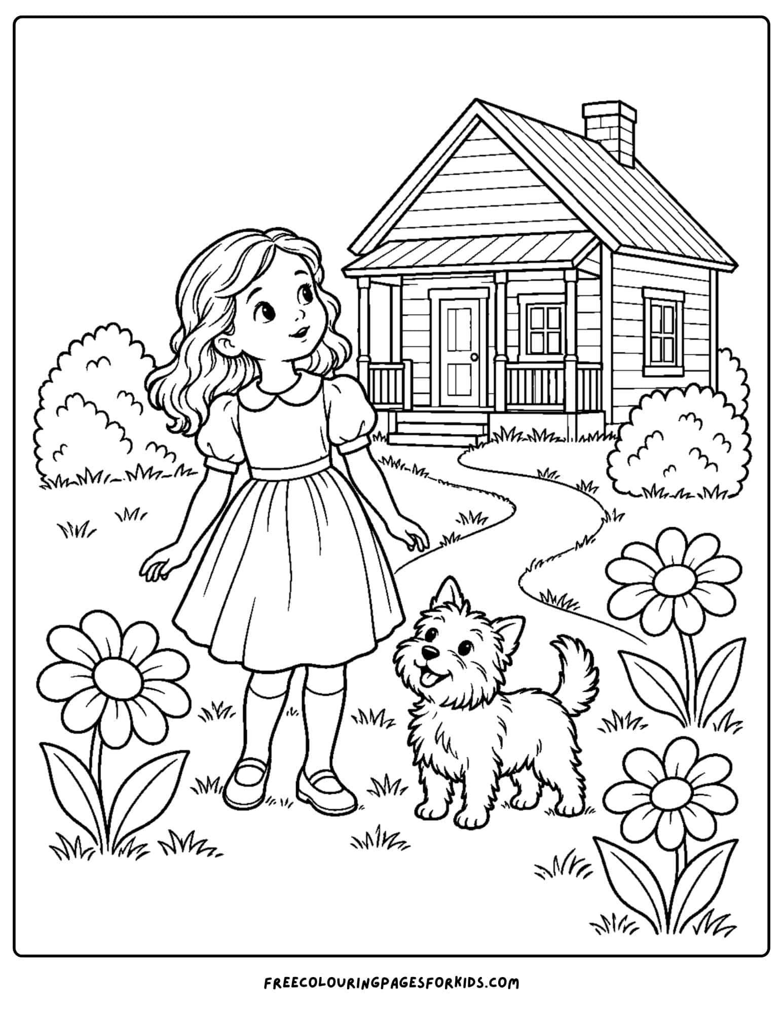a wizard of oz coloring page depicting dorothy and toto outside her house