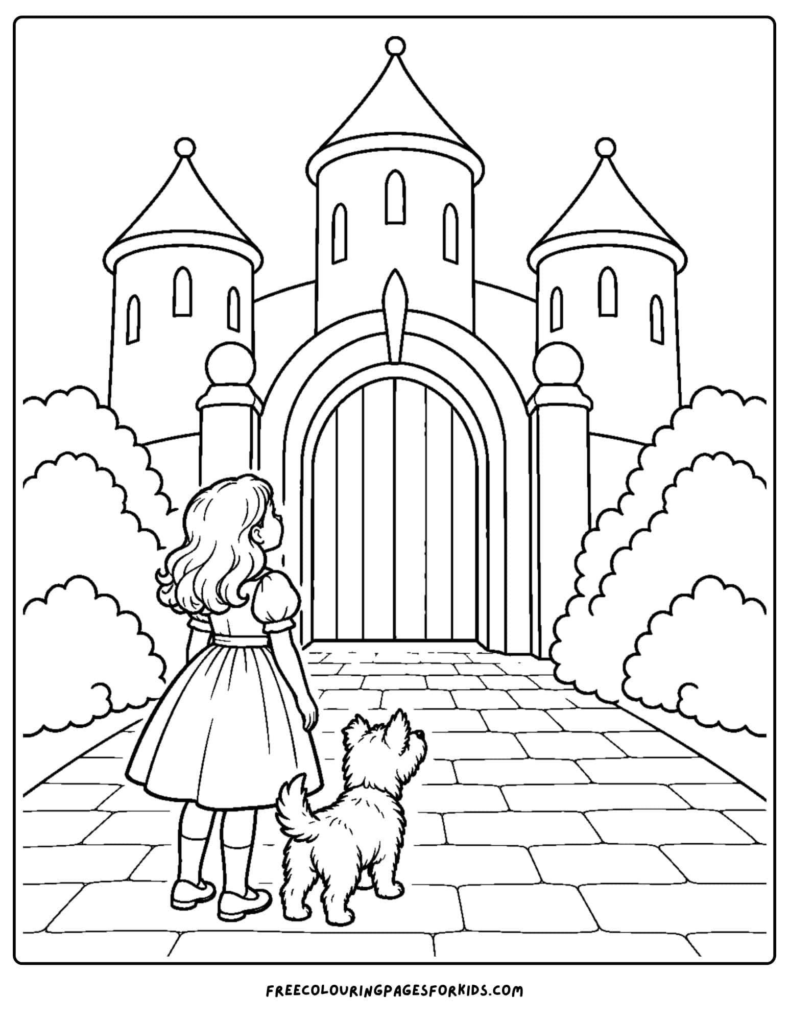 a wizard of oz coloring page depicting dorothy at the gates to emerald city