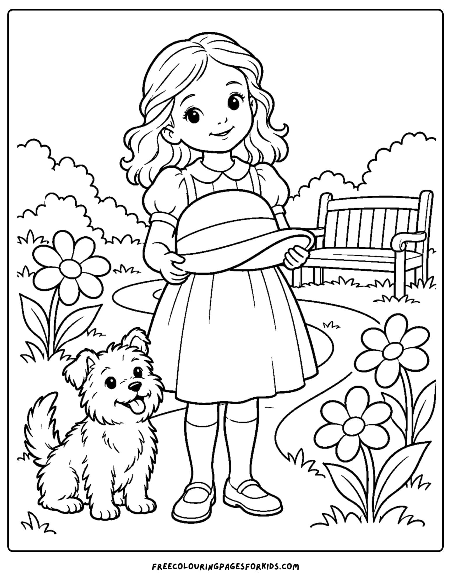a wizard of oz coloring page depicting dorothy and toto