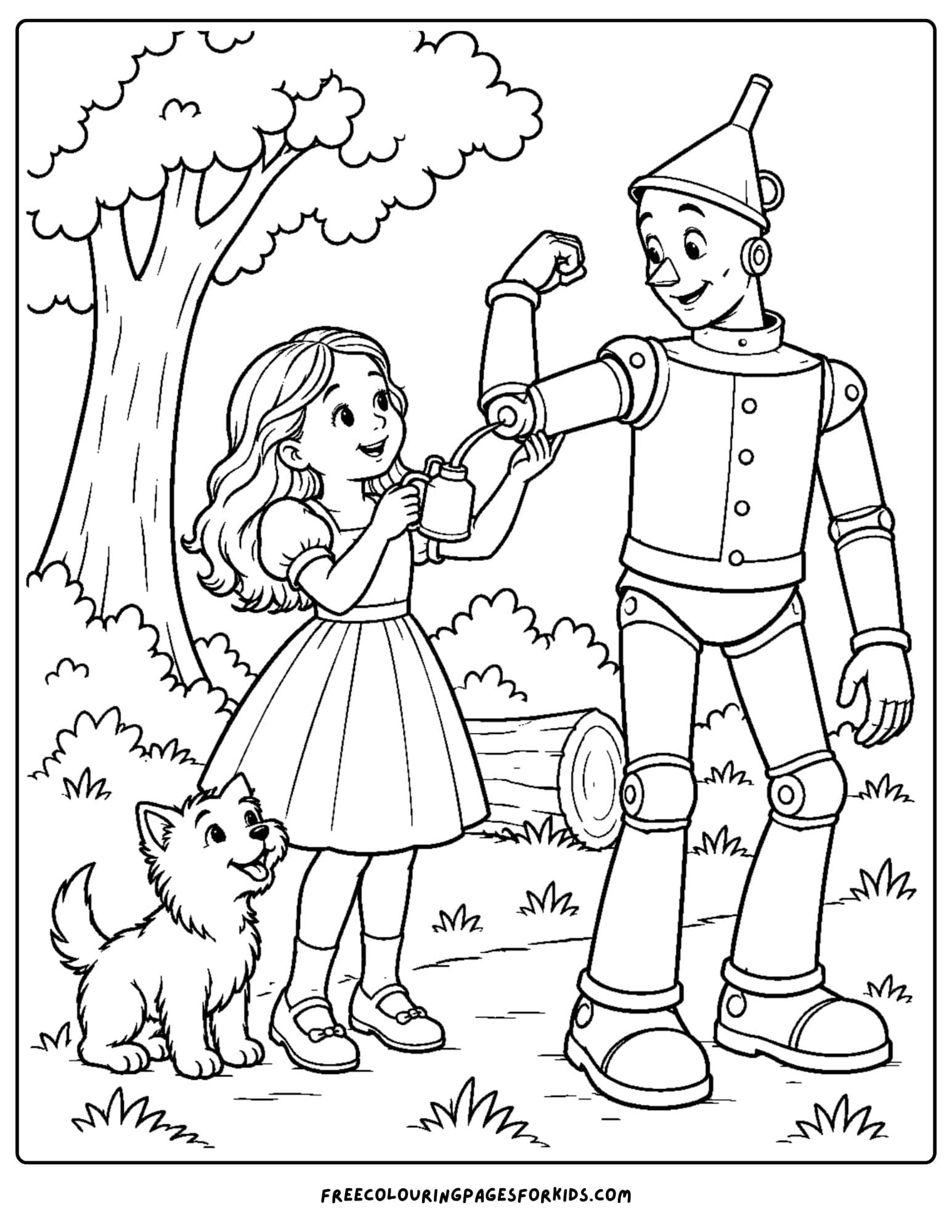 a wizard of oz coloring page depicting dorothy helping tin man