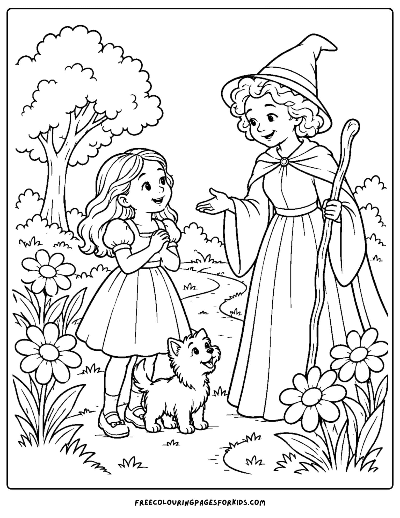 a wizard of oz coloring page depicting dorothy meeting the good witch glinda