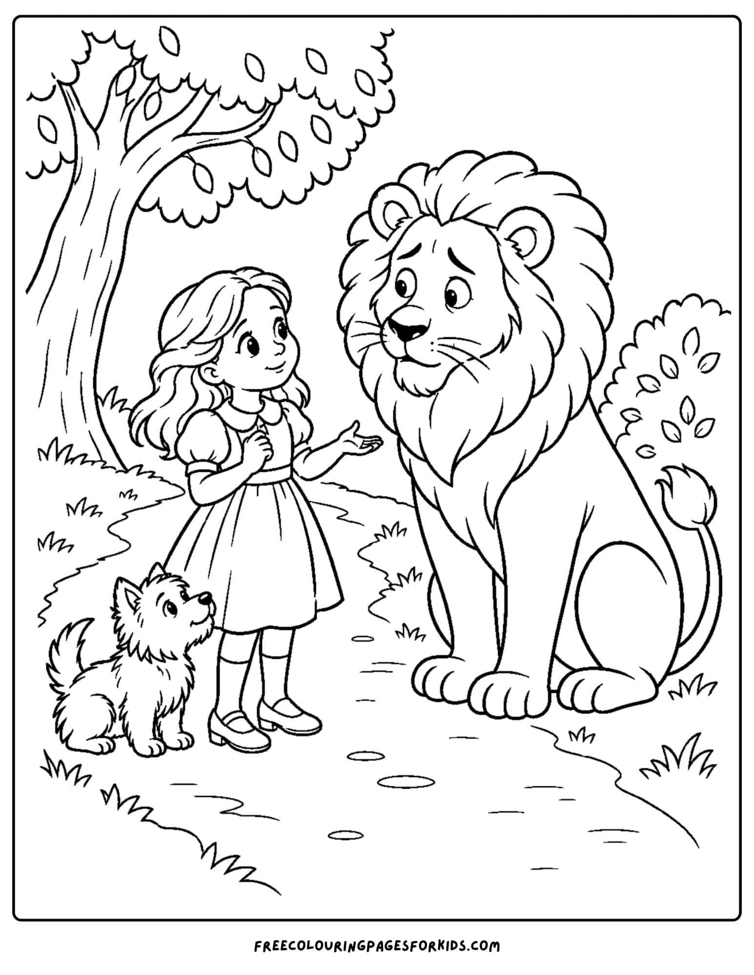 a wizard of oz coloring page depicting dorothy meeting lion