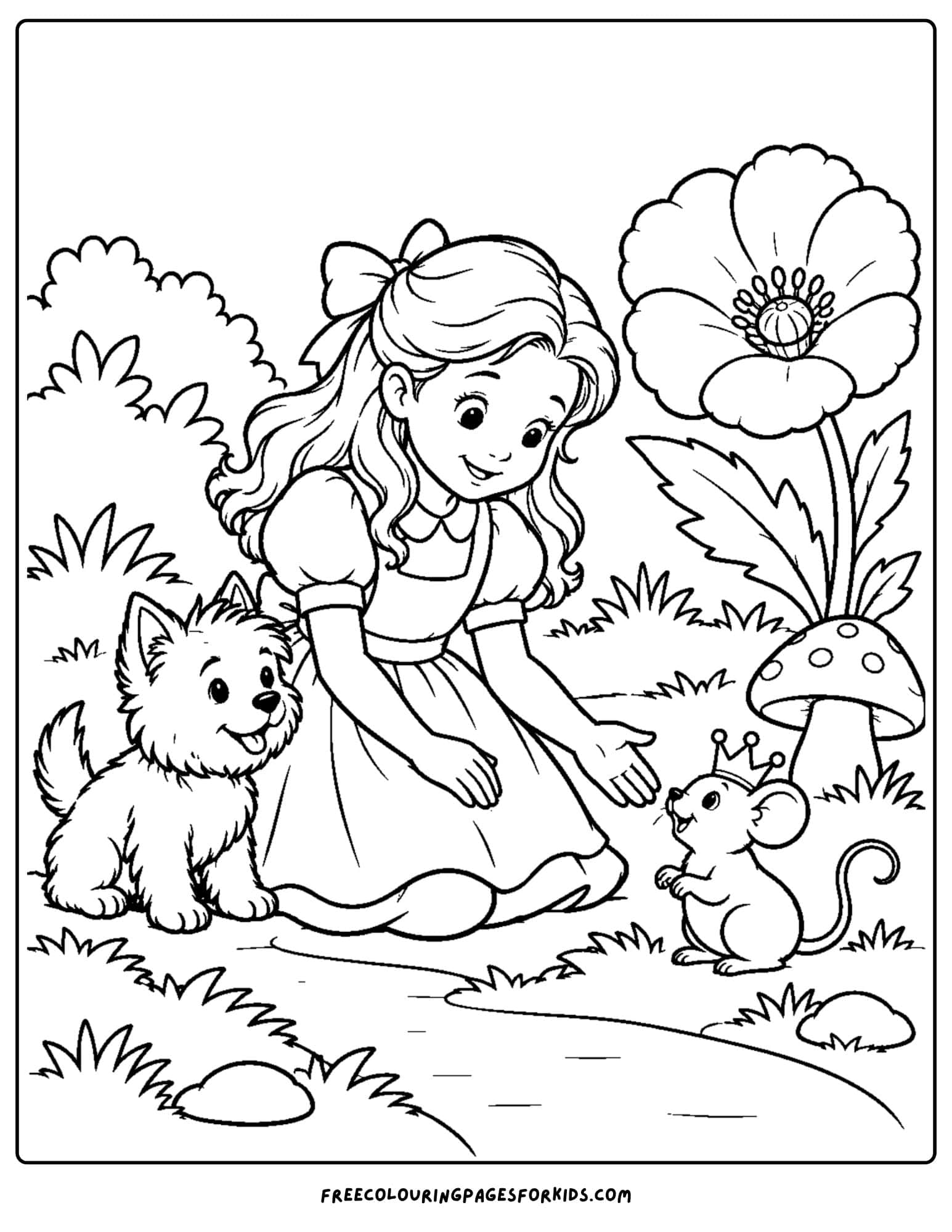 a wizard of oz coloring page depicting dorothy meeting a mouse