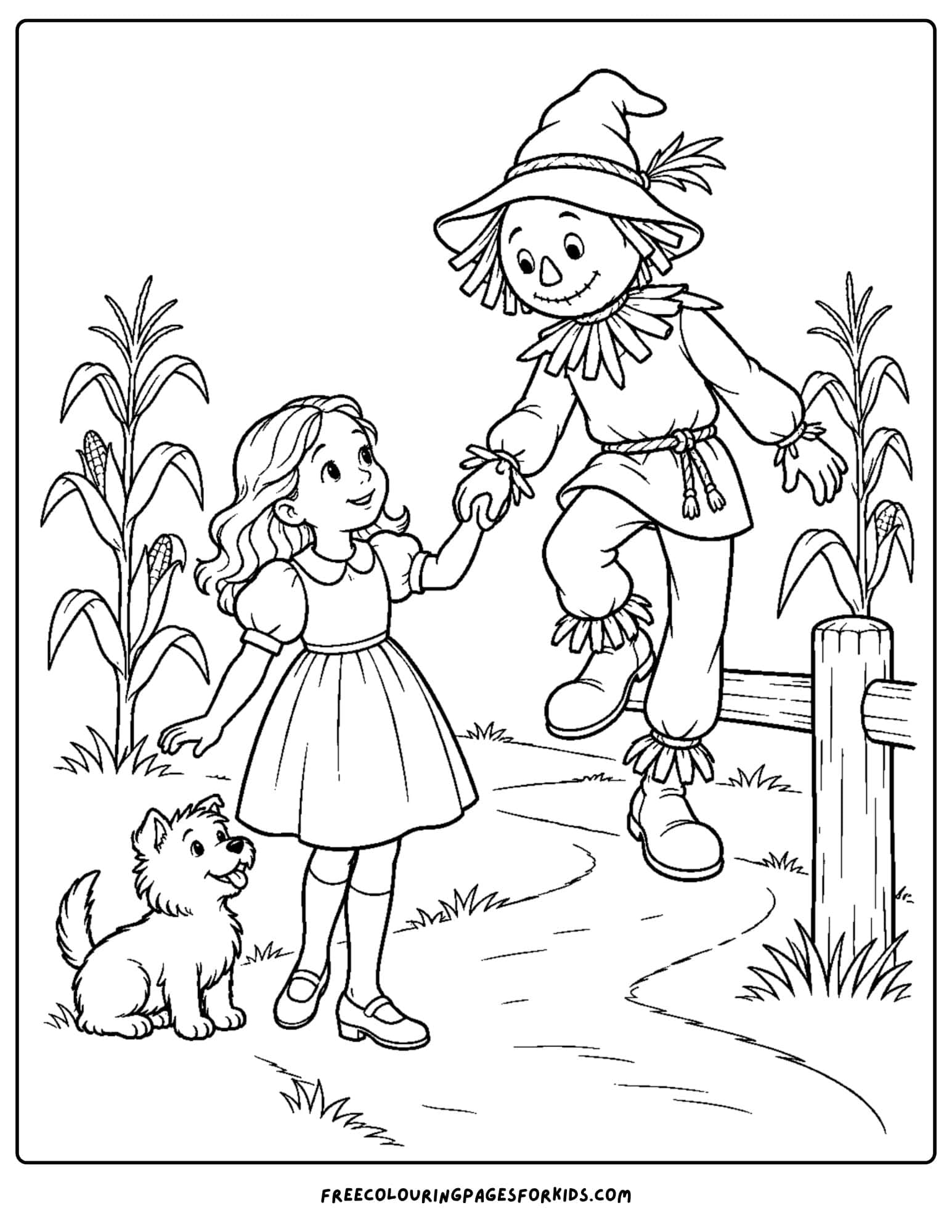 a wizard of oz coloring page depicting dorothy meeting scarecrow