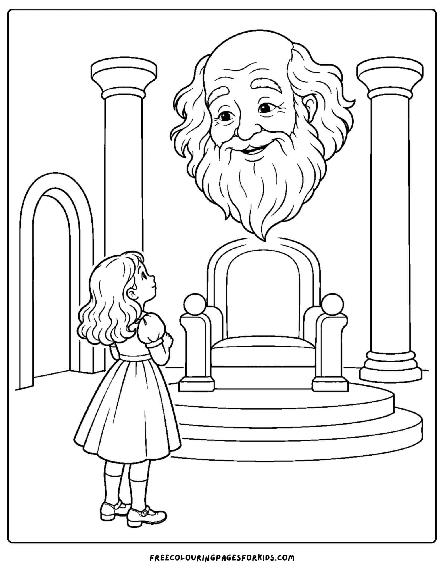 a wizard of oz coloring page depicting dorothy talking to the wizard