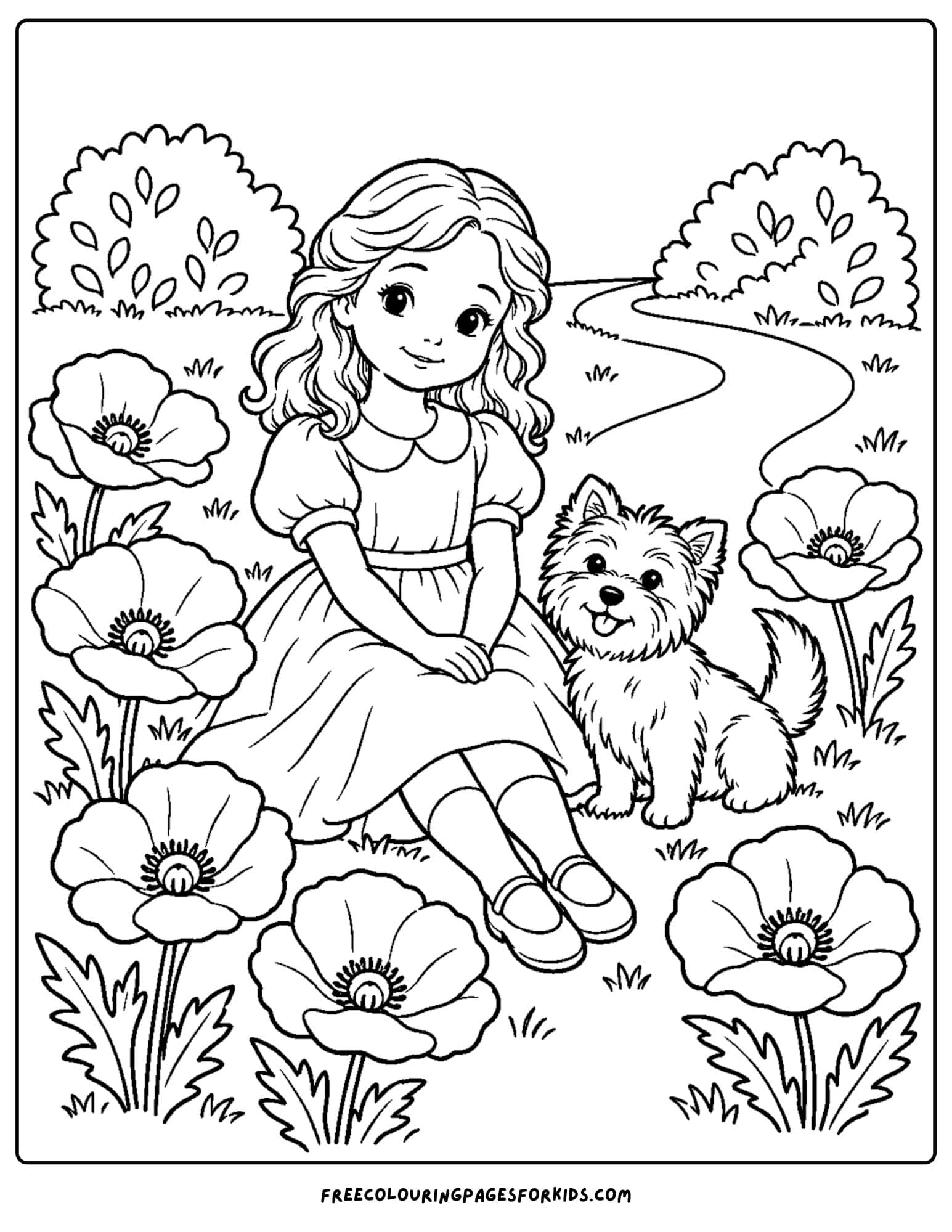 a wizard of oz coloring page depicting dorothy in a poppy field with toto