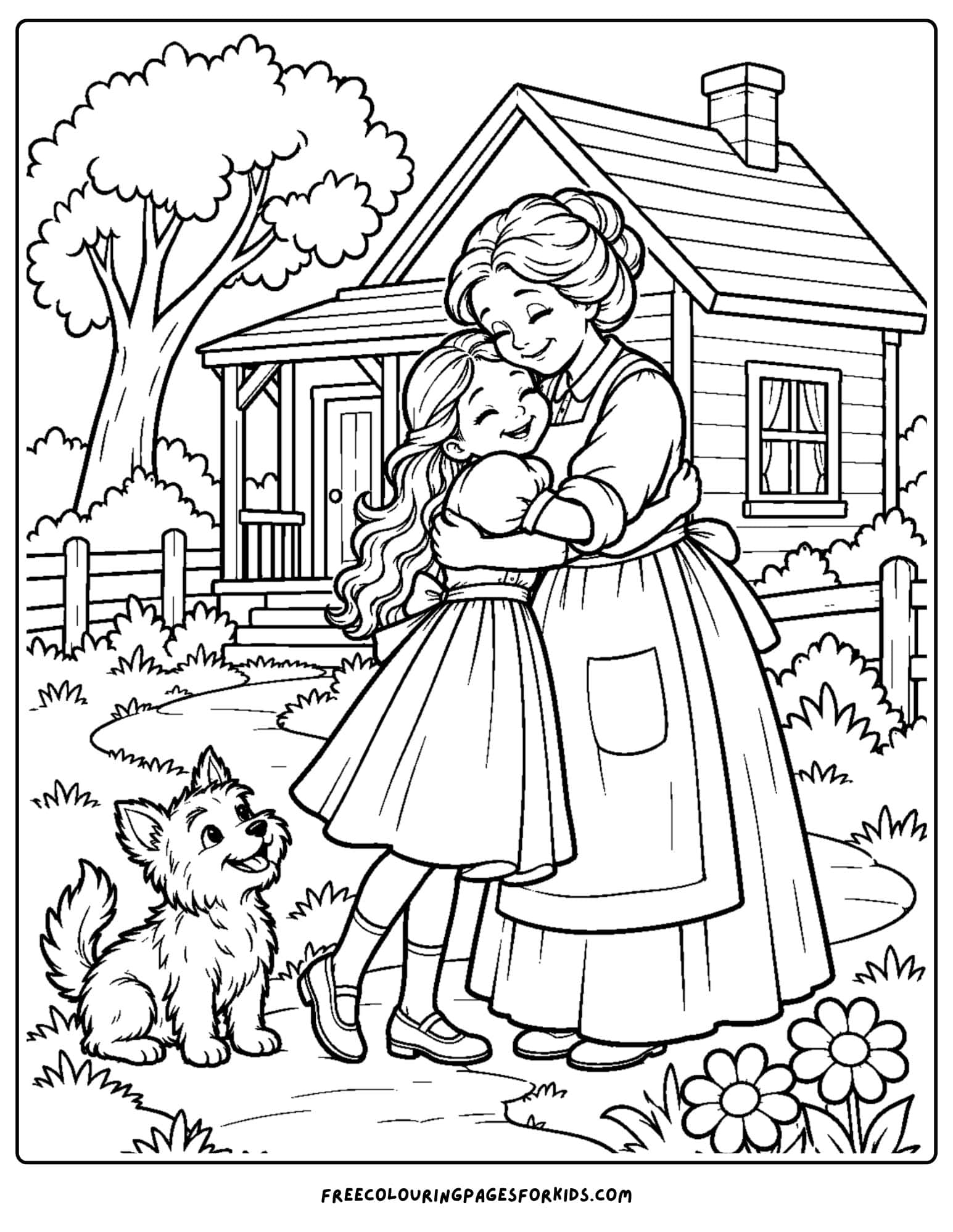 a wizard of oz coloring page depicting dorothy returning home to kansas