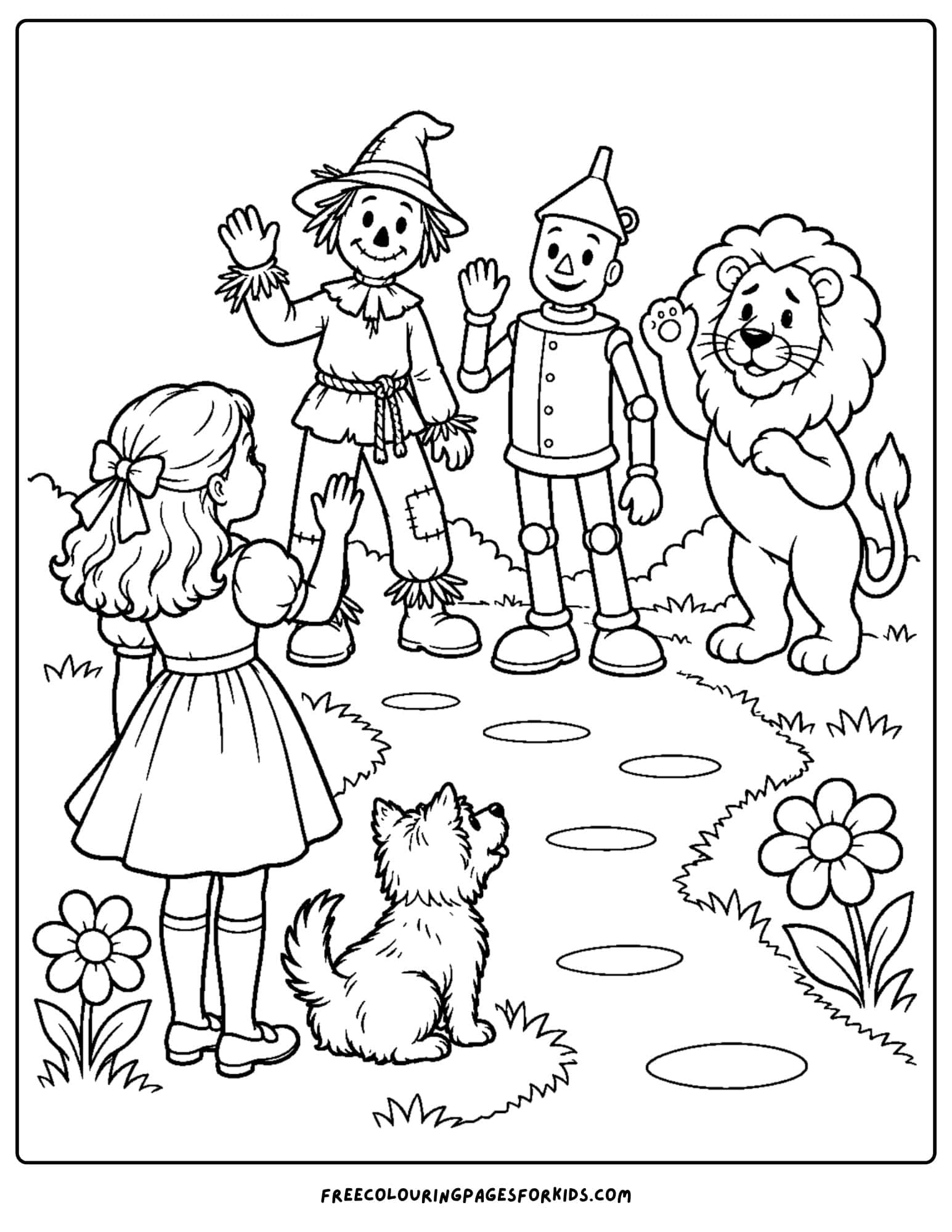 a wizard of oz coloring page depicting dorothy saying goodbye to her friends