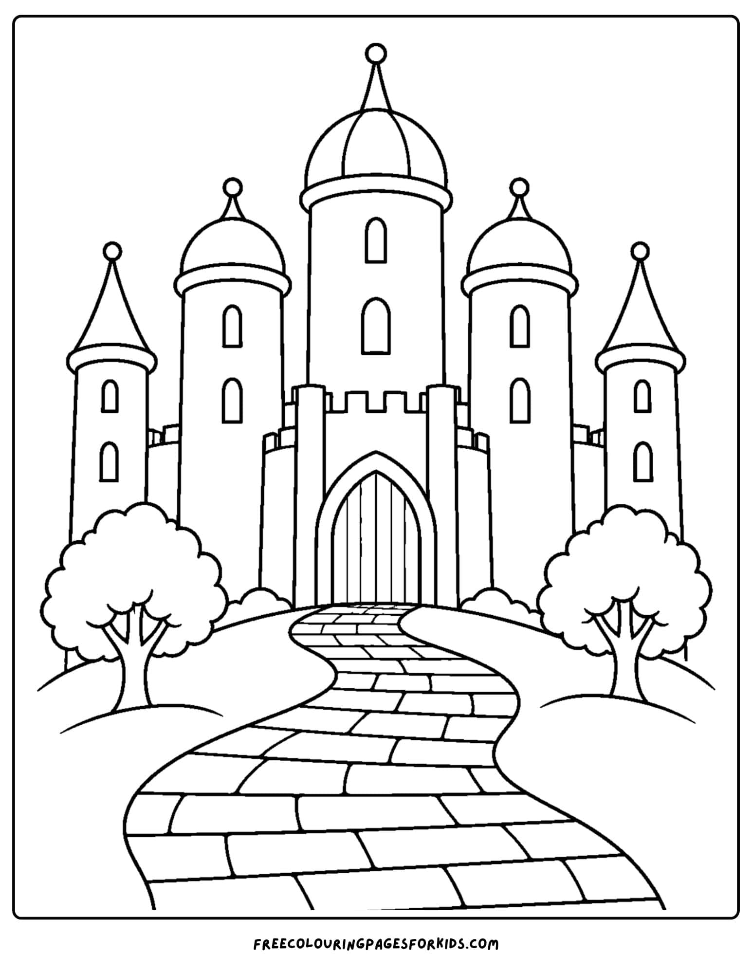 a wizard of oz coloring page depicting the emerald city castle