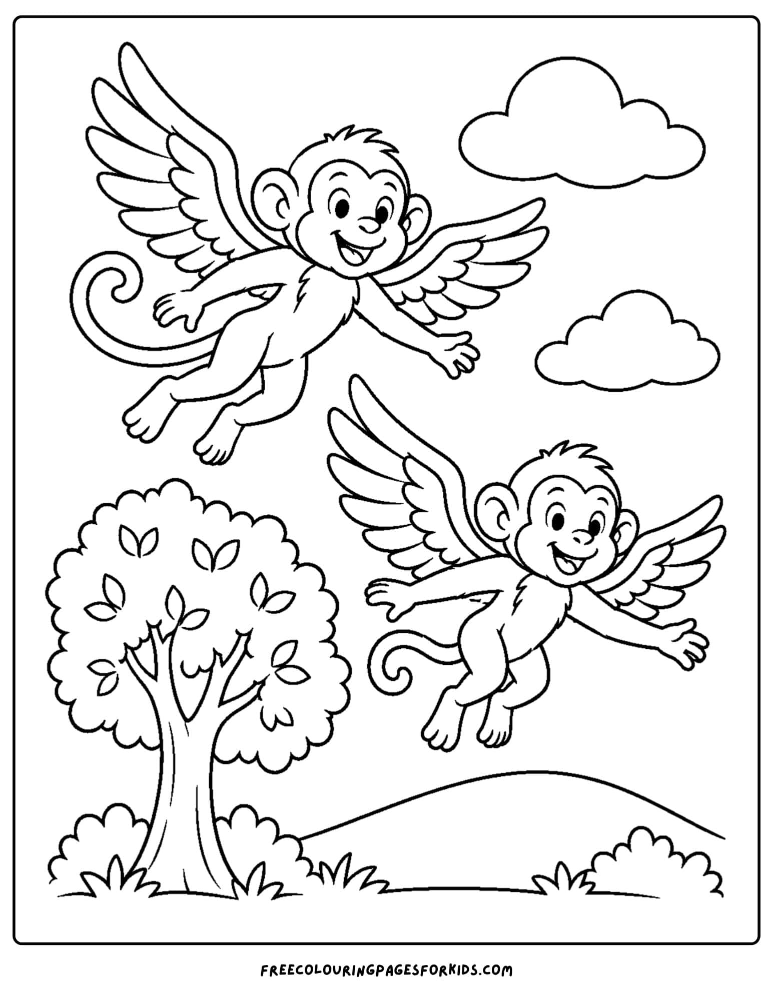 a wizard of oz coloring page depicting the flying winged monkeys