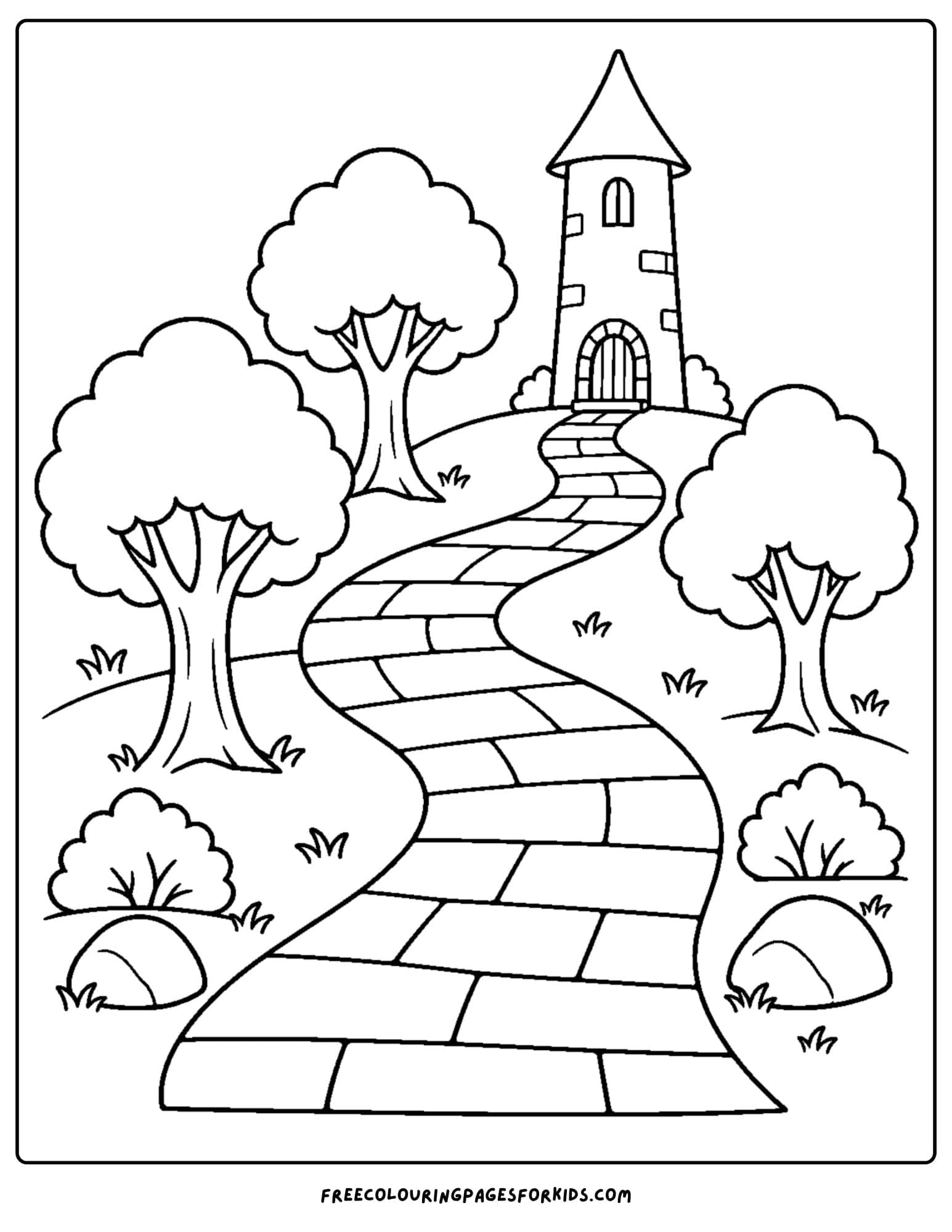 a wizard of oz coloring page depicting the yellow brick road to the castle
