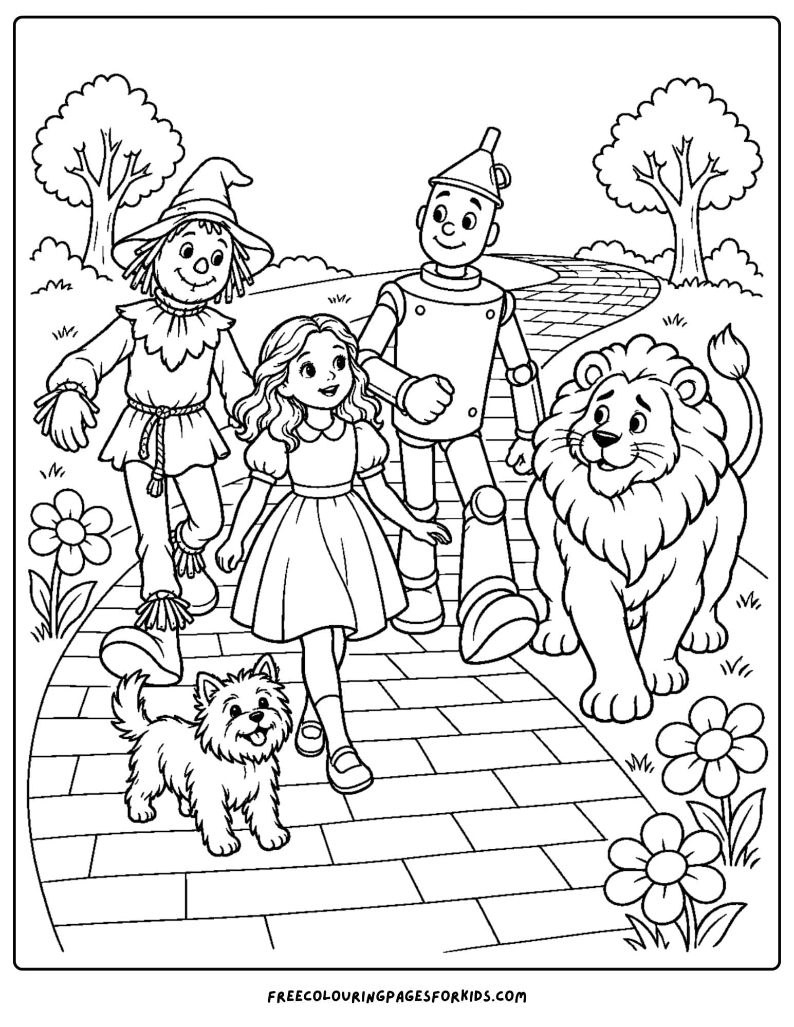 a wizard of oz coloring page depicting dorothy and friends on the yellow brick road