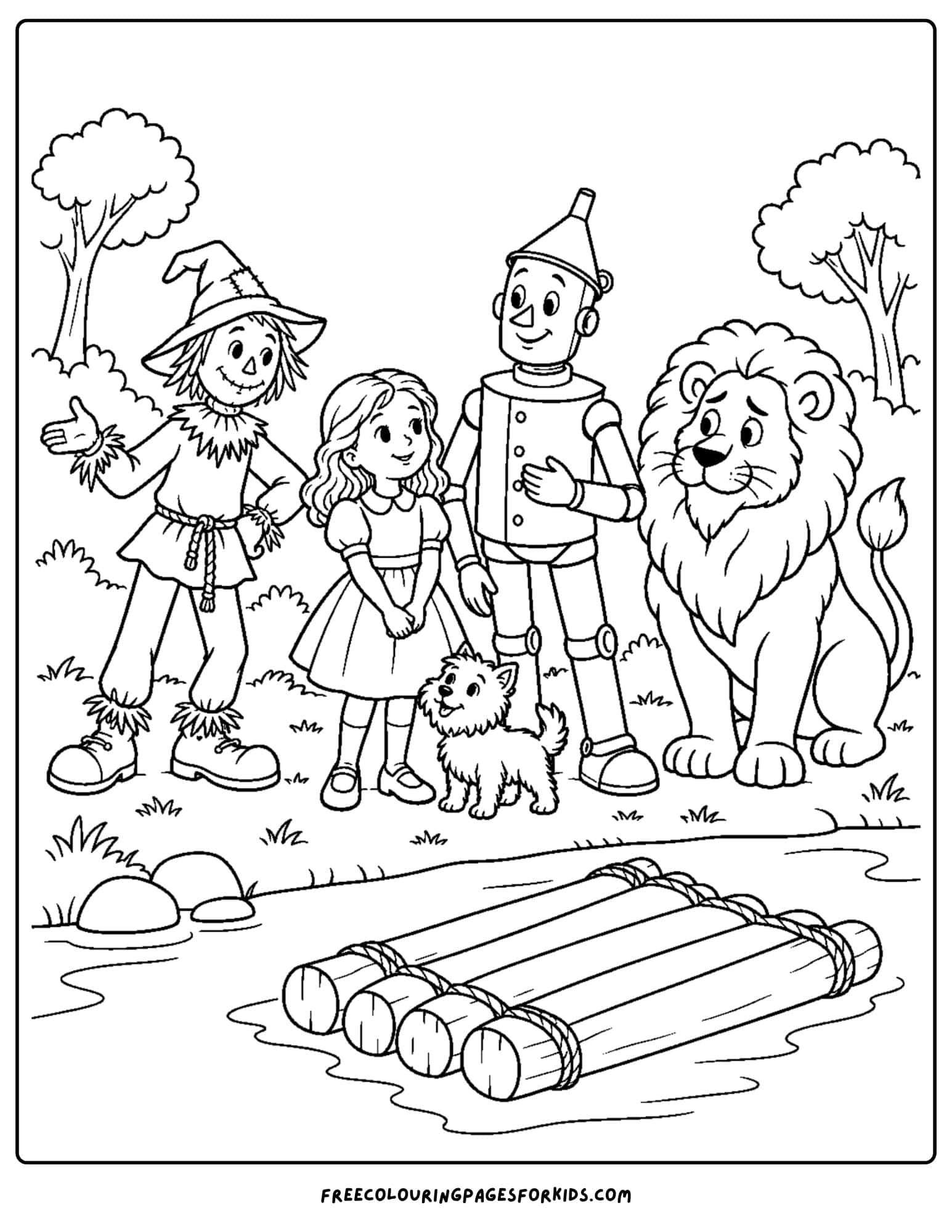 a wizard of oz coloring page depicting dorothy and friends with the raft