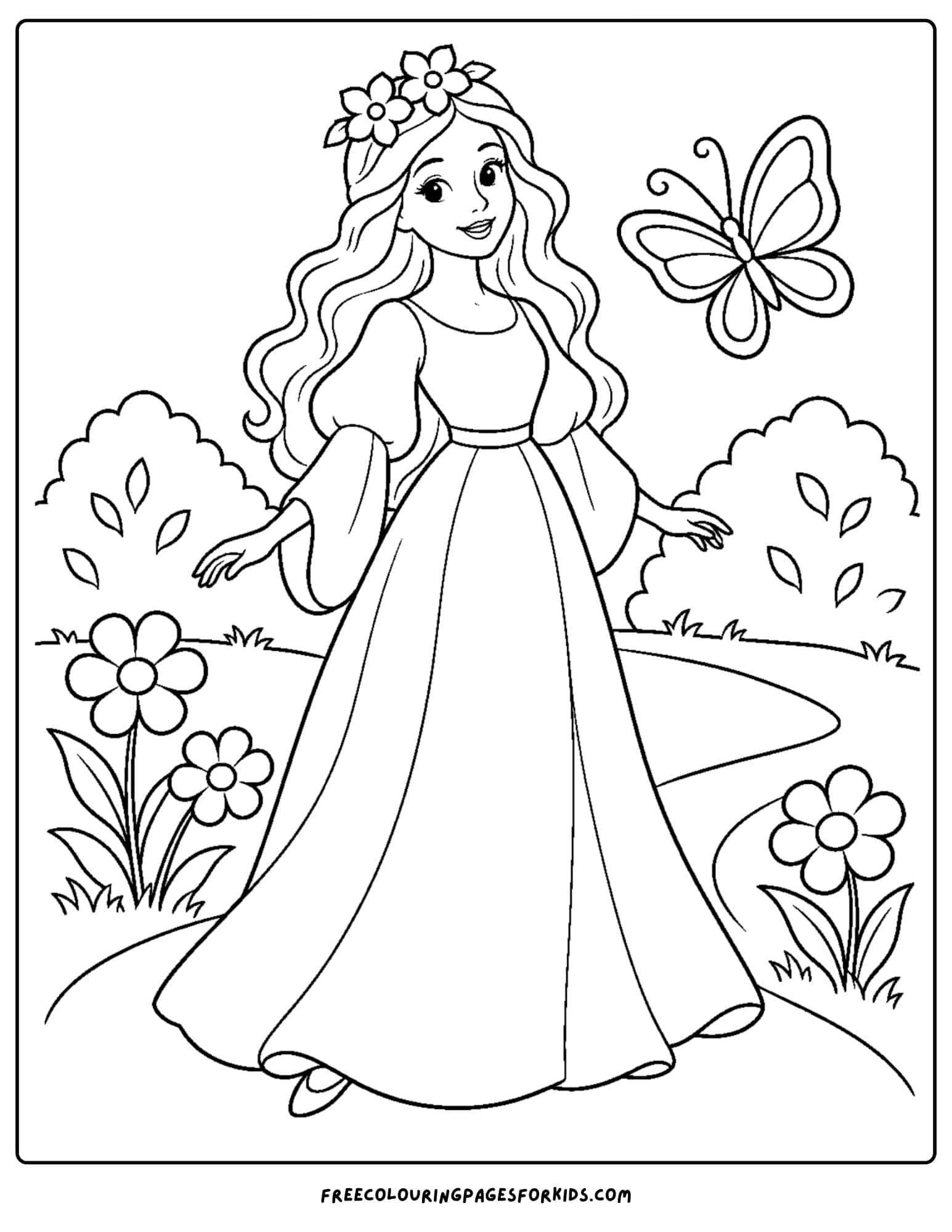 a wizard of oz coloring page depicting glinda in a flower garden