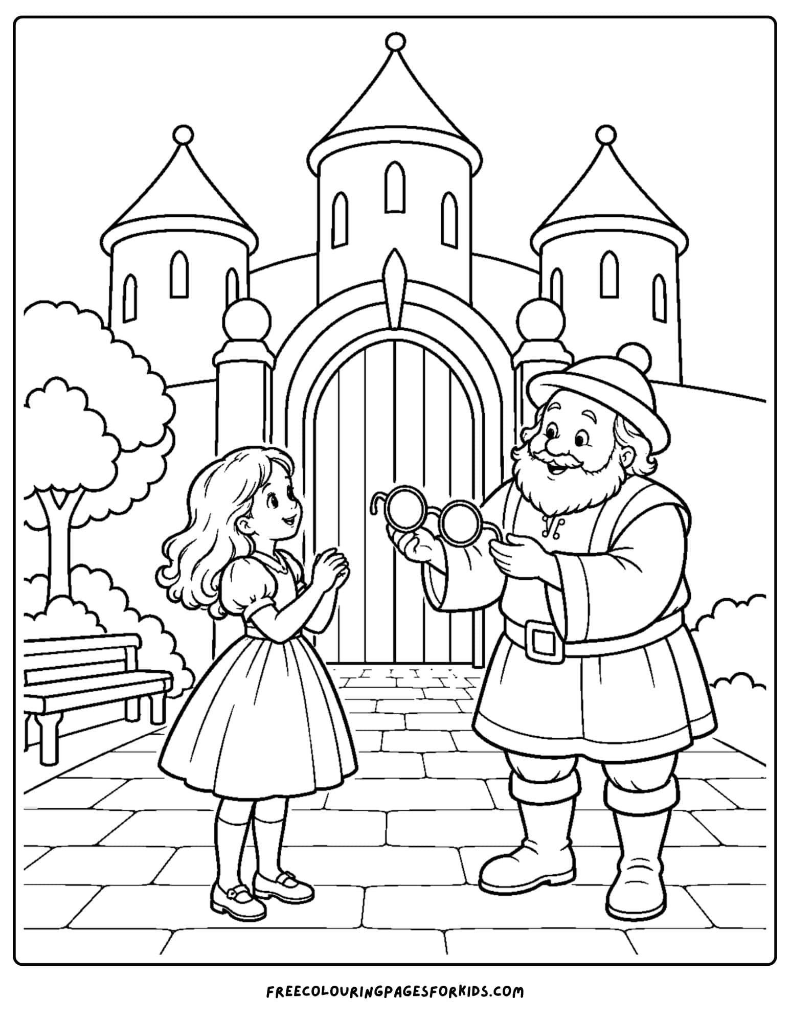 a wizard of oz coloring page depicting dorothy meeting the guardian of the gate to emerald city