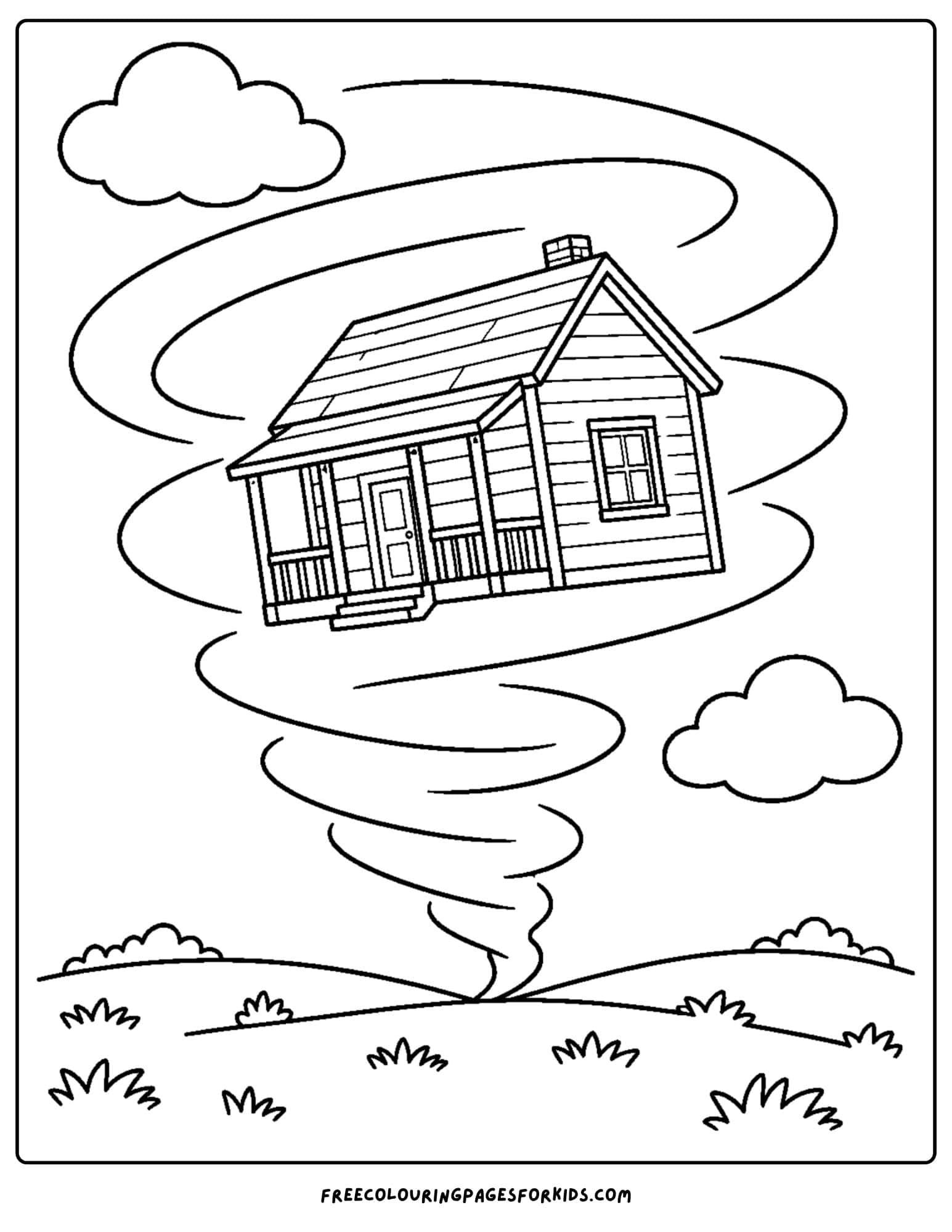 a wizard of oz coloring page depicting the cyclone in kansas lifting dorothy's house