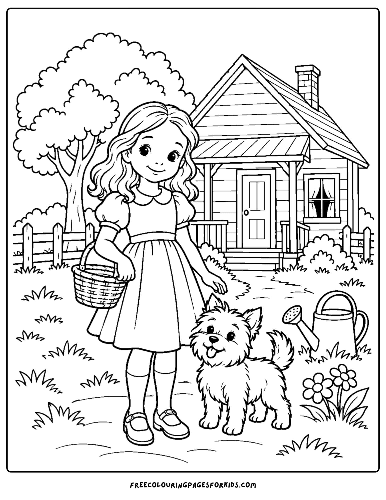 a wizard of oz coloring page depicting dorothy on her farm in kansas