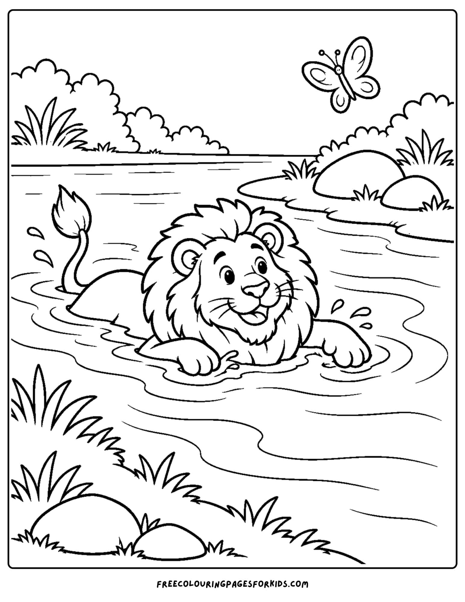 a wizard of oz coloring page depicting lion crossing a river