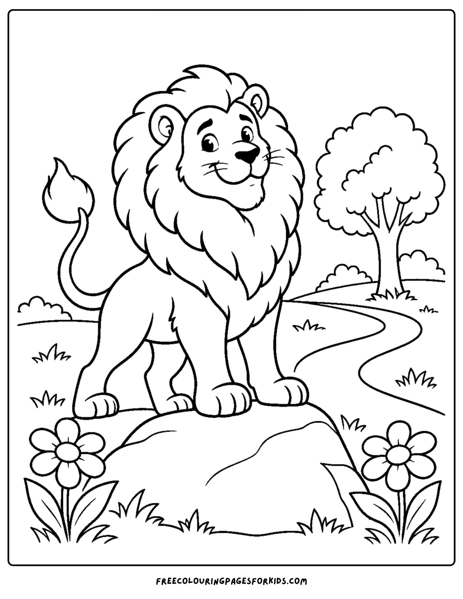 a wizard of oz coloring page depicting lion standing tall finding his courage