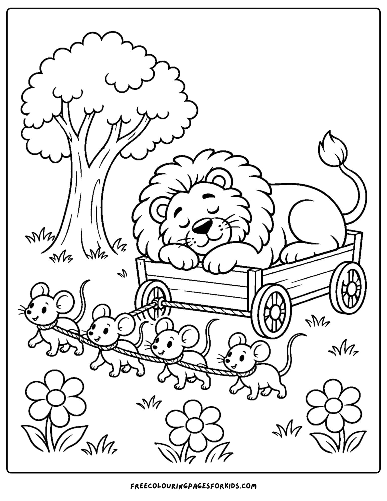 a wizard of oz coloring page depicting lion sleeping in a cart