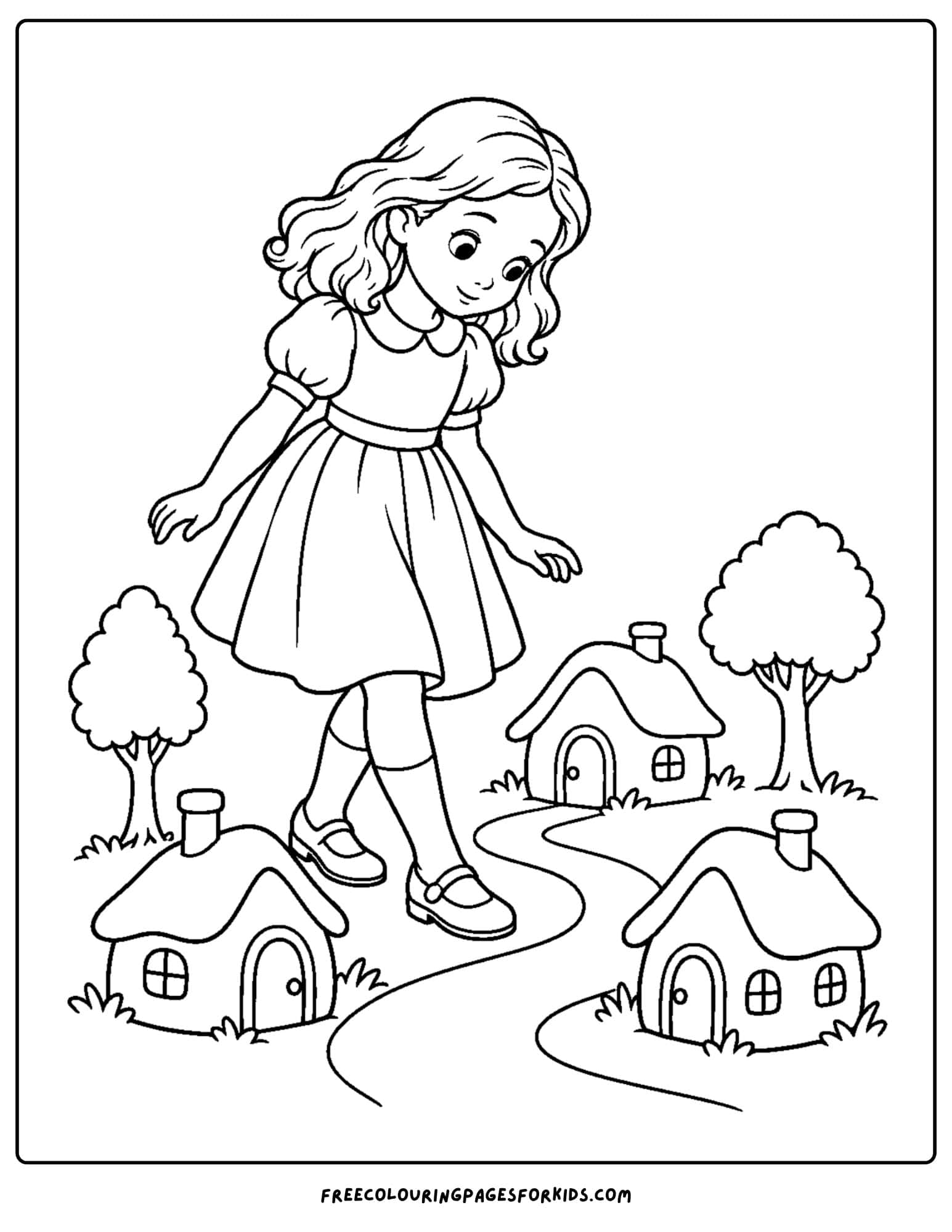 a wizard of oz coloring page depicting dorothy and a small village