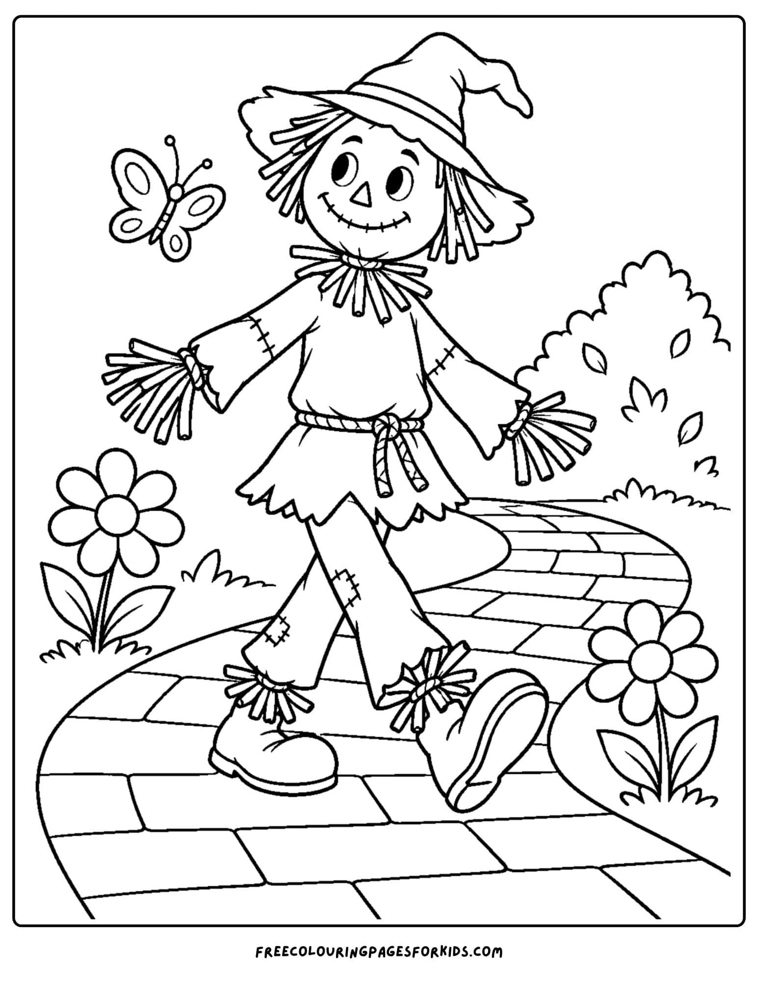 a wizard of oz coloring page depicting scarecrow on the yellow brick road