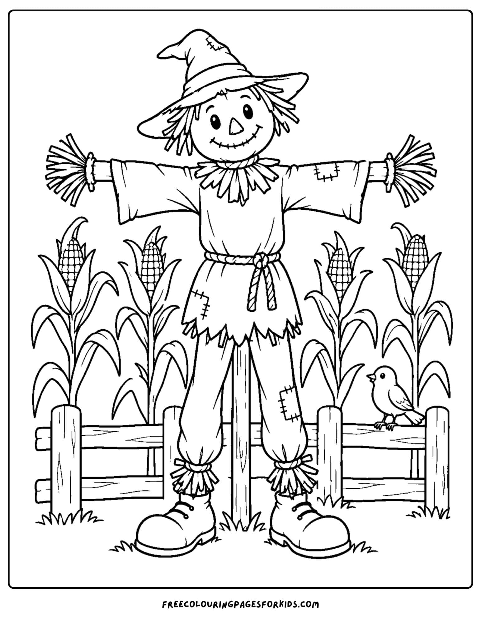 a wizard of oz coloring page depicting scarecrow in a field