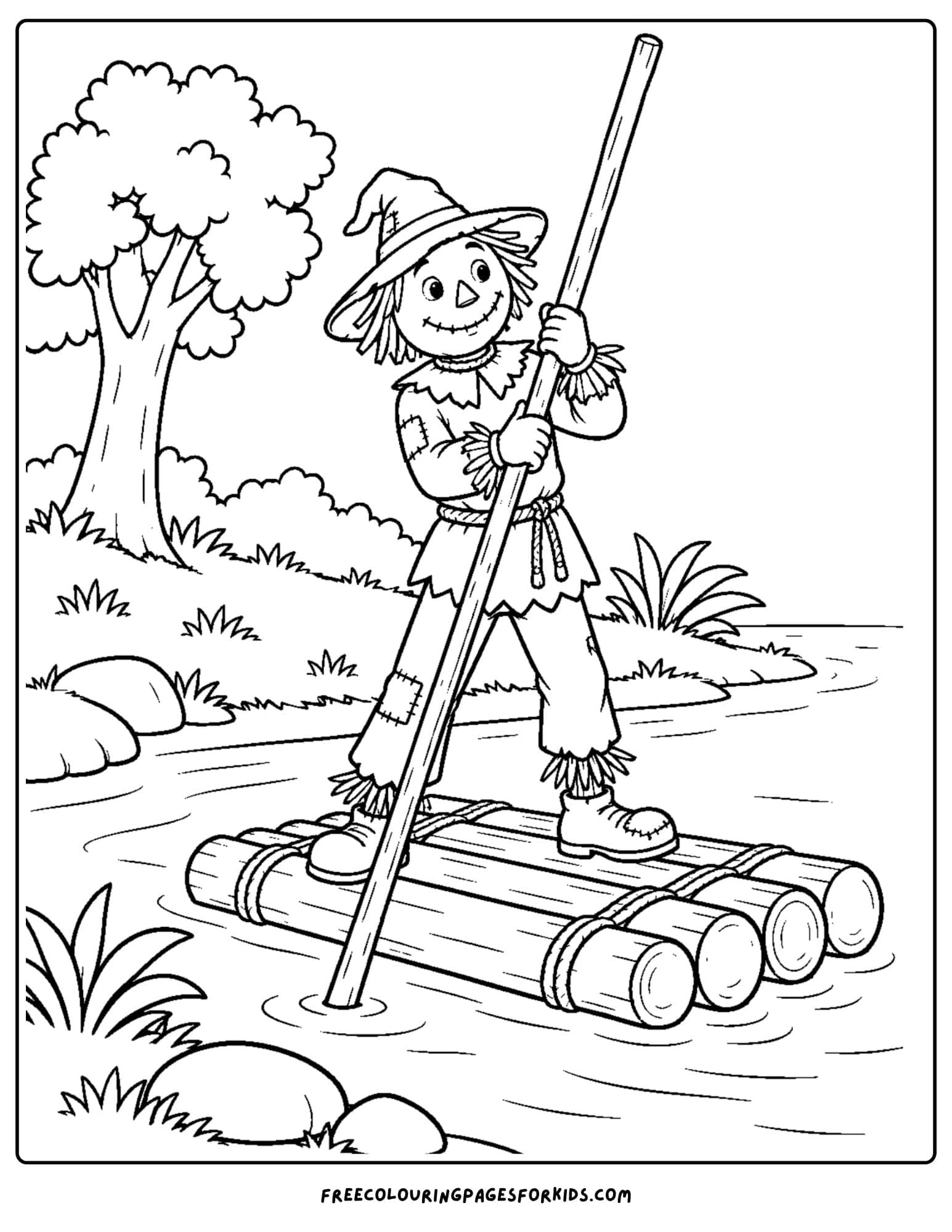 a wizard of oz coloring page depicting on a raft on the river