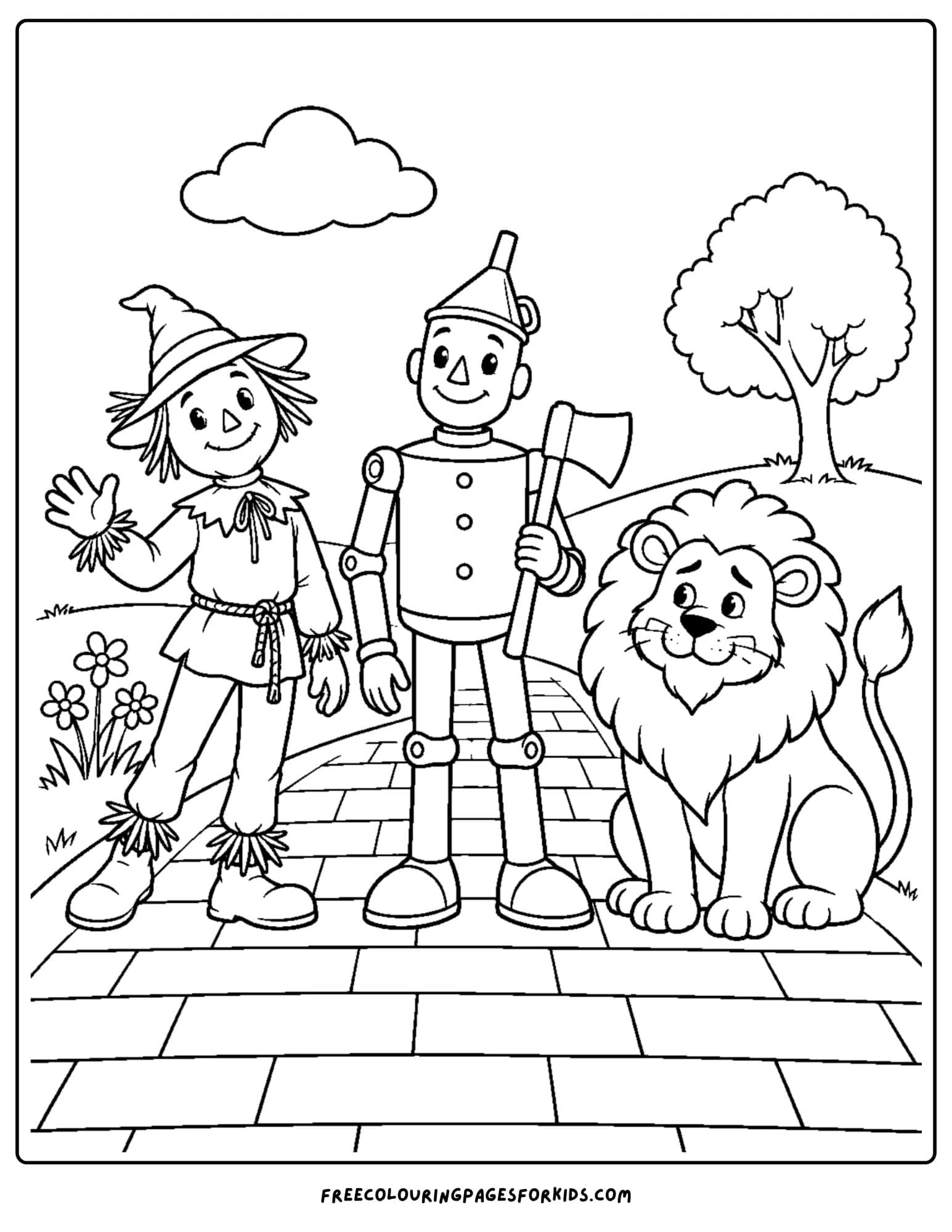 a wizard of oz coloring page depicting the three companions of dorothy