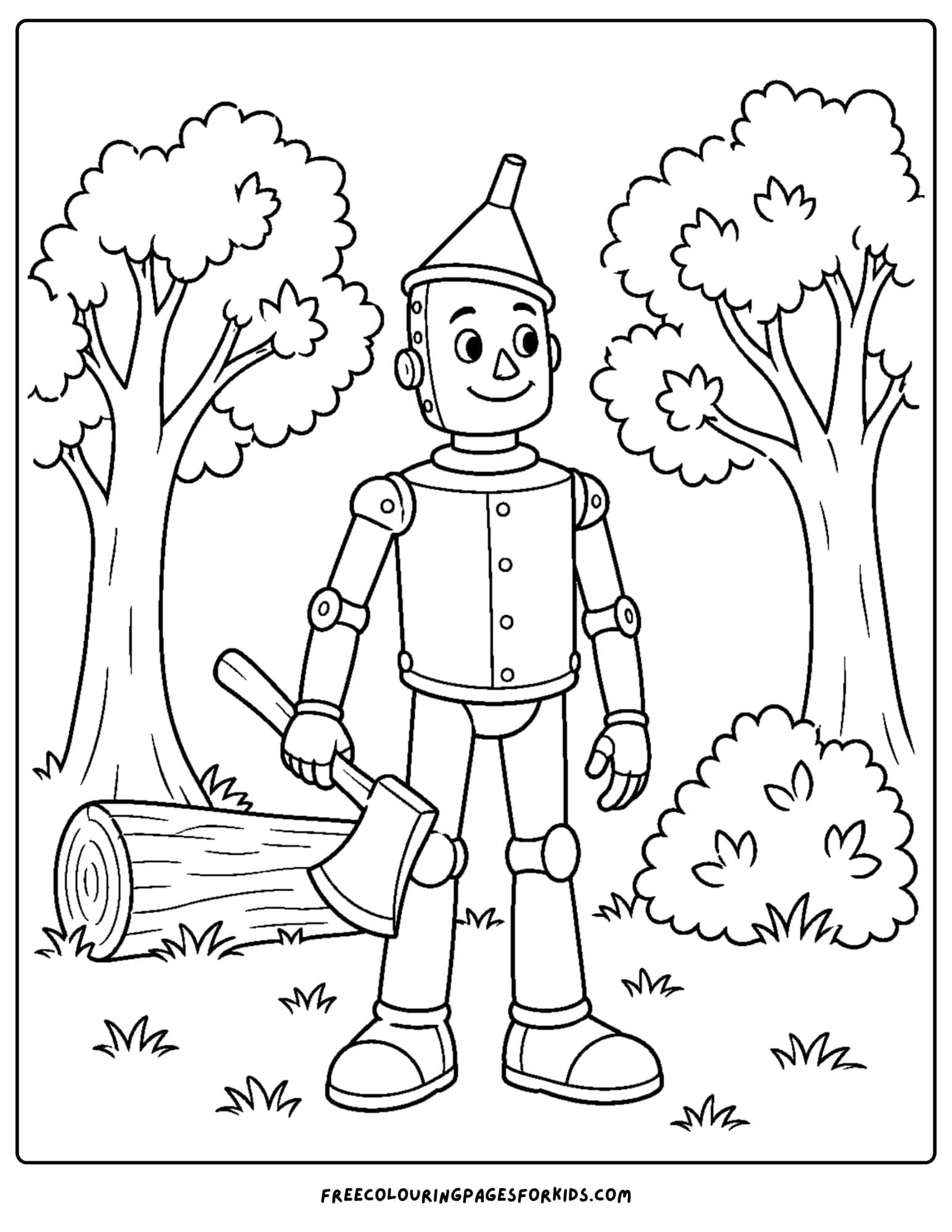 a wizard of oz coloring page depicting tin man in a forest