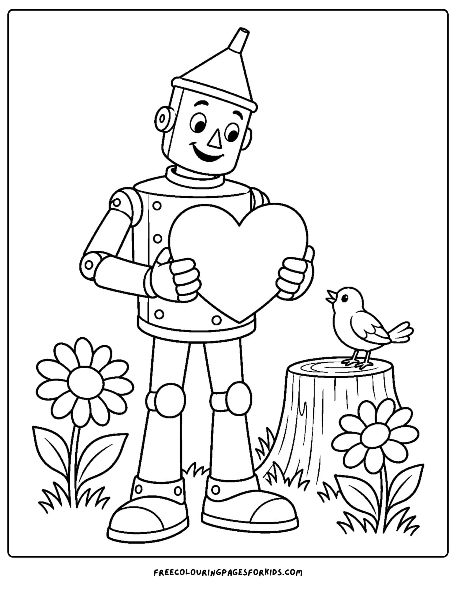 a wizard of oz coloring page depicting tin man holding a heart