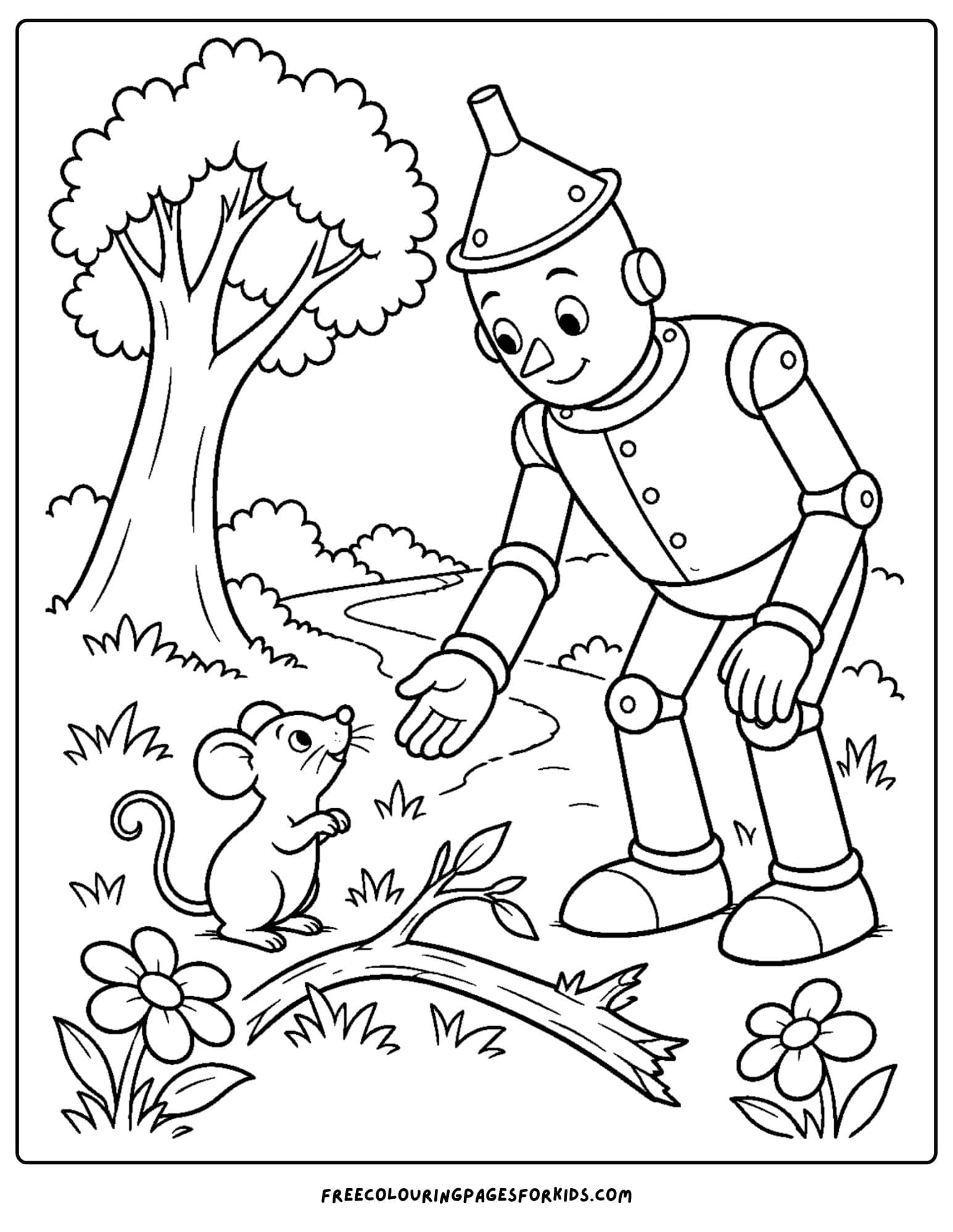 a wizard of oz coloring page depicting tin man helping a mouse