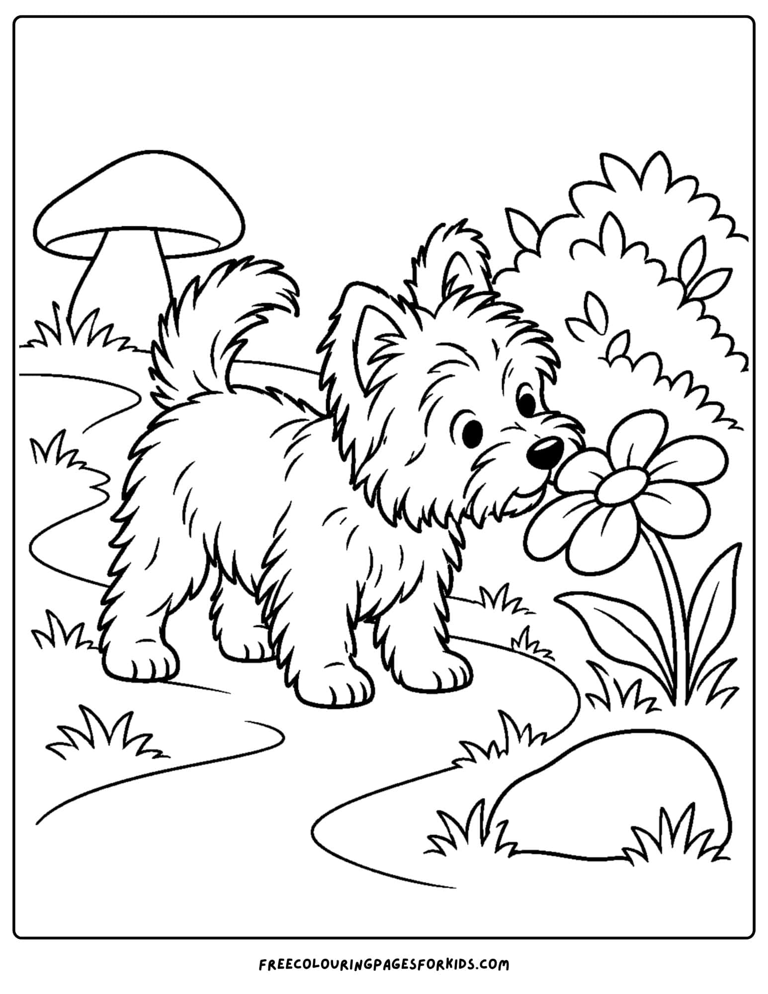a wizard of oz coloring page depicting toto smelling a flower