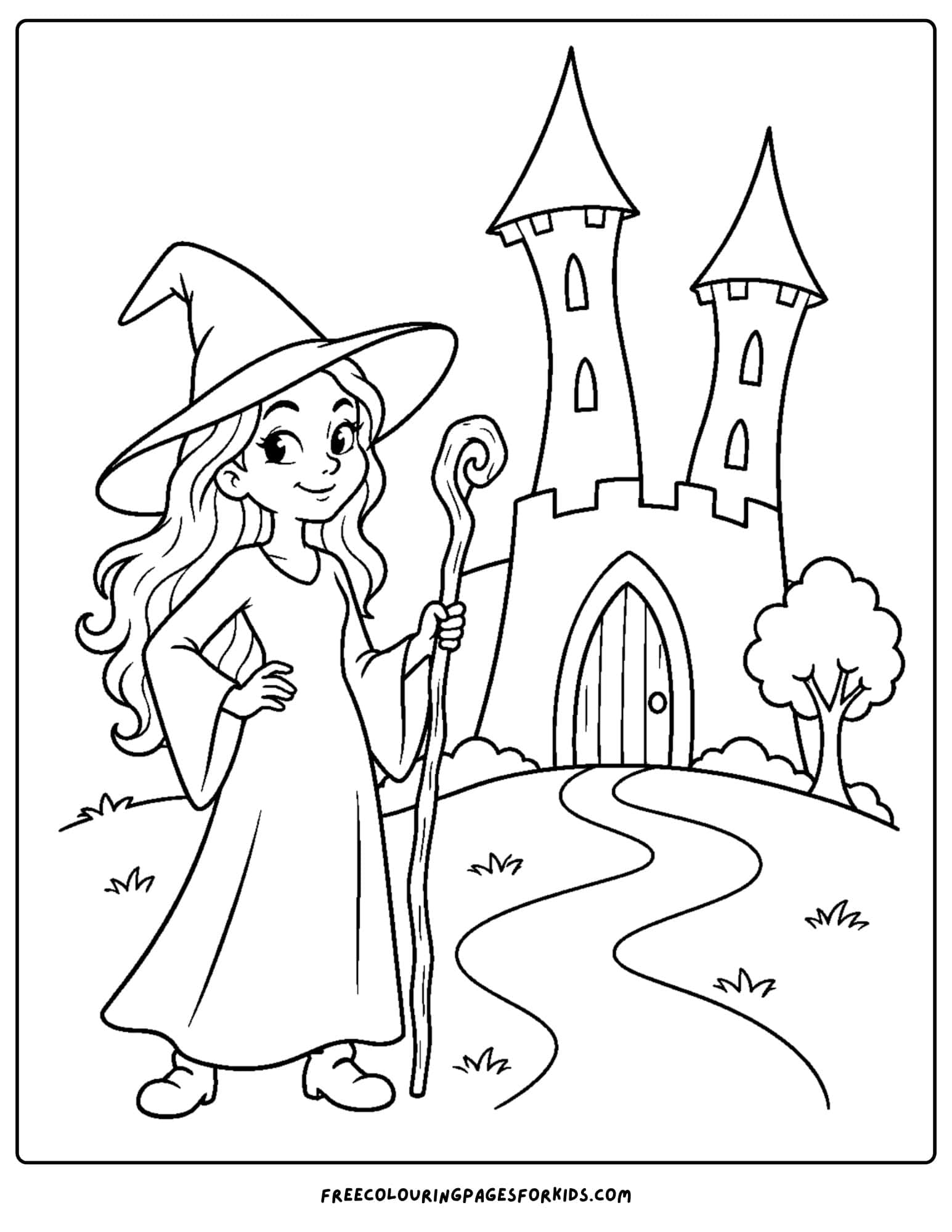 a wizard of oz coloring page depicting the wicked witch and a castle