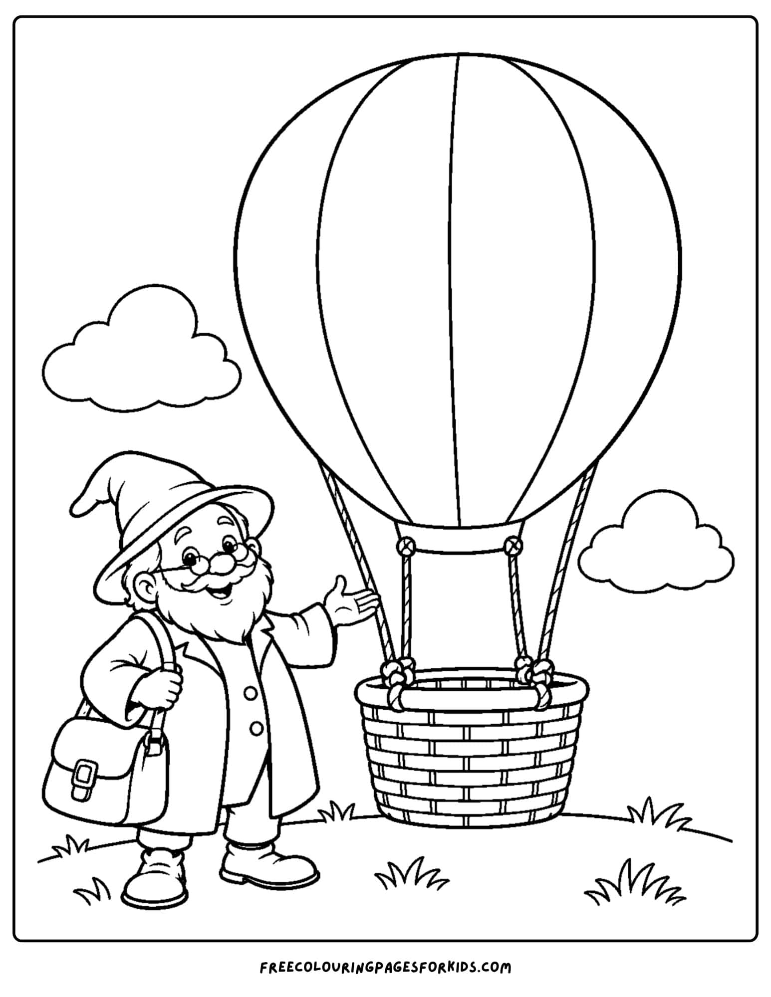 a wizard of oz coloring page depicting the wizard and a hot air balloon