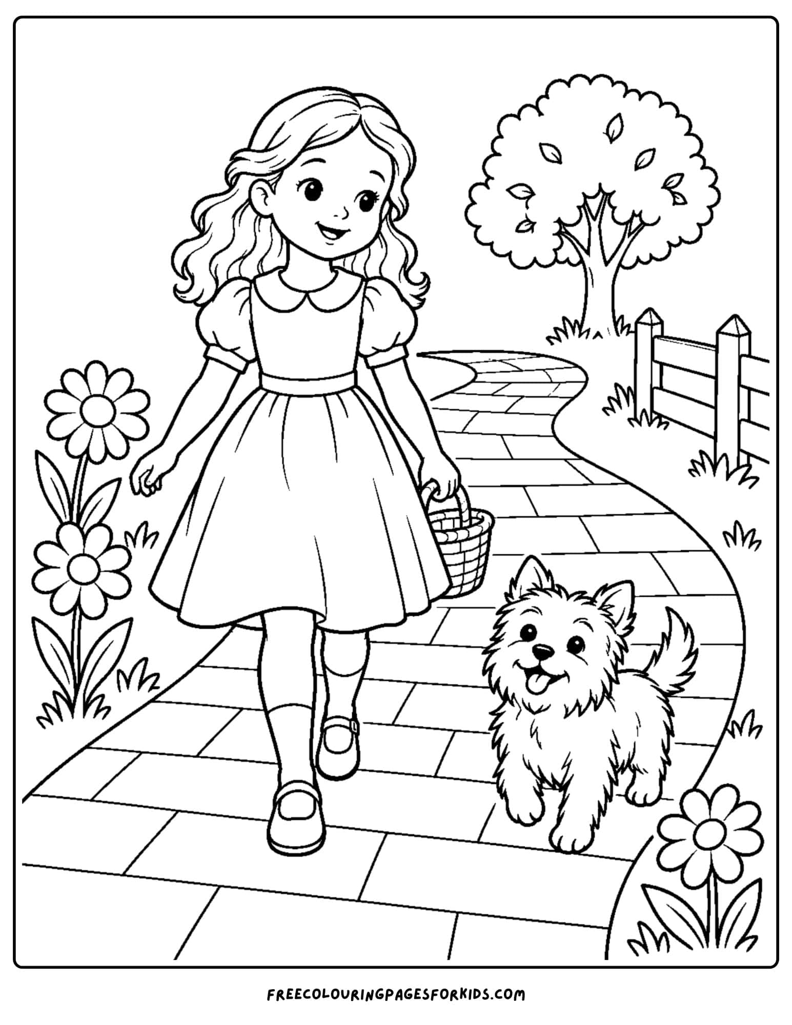 a wizard of oz coloring page depicting dorothy and toto on the yellow brick road